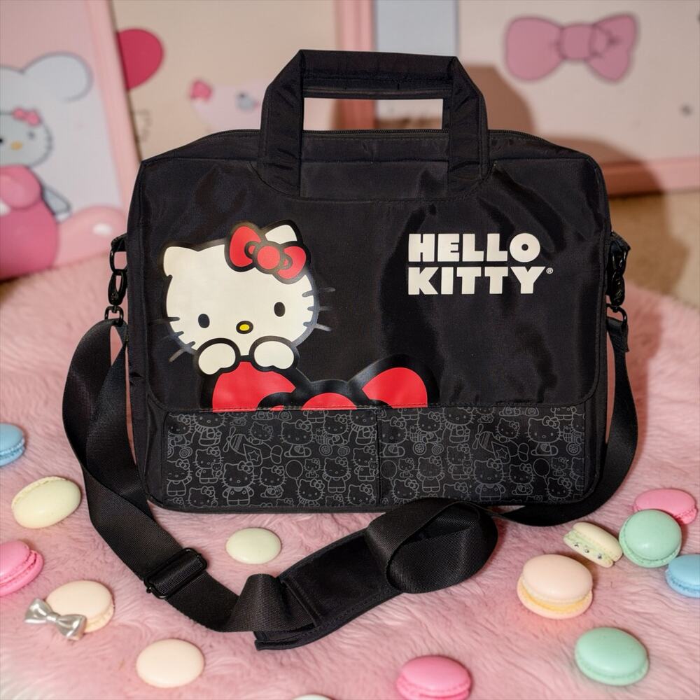 Hello Kitty Black Messenger Bag 16” Laptop Crossbody Sanrio Adjustable Strap